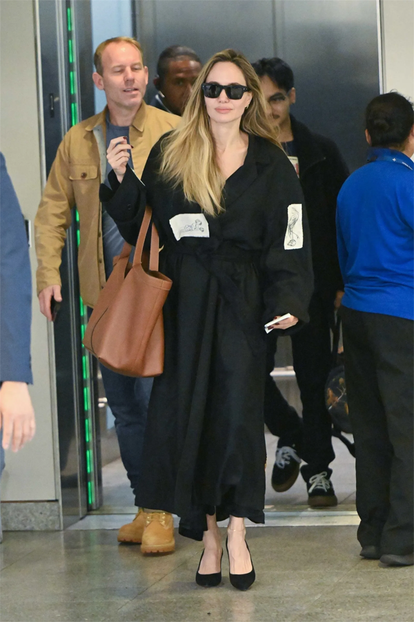 Angelina Jolie wearing the Saint Laurent Y Tote at JFK airport