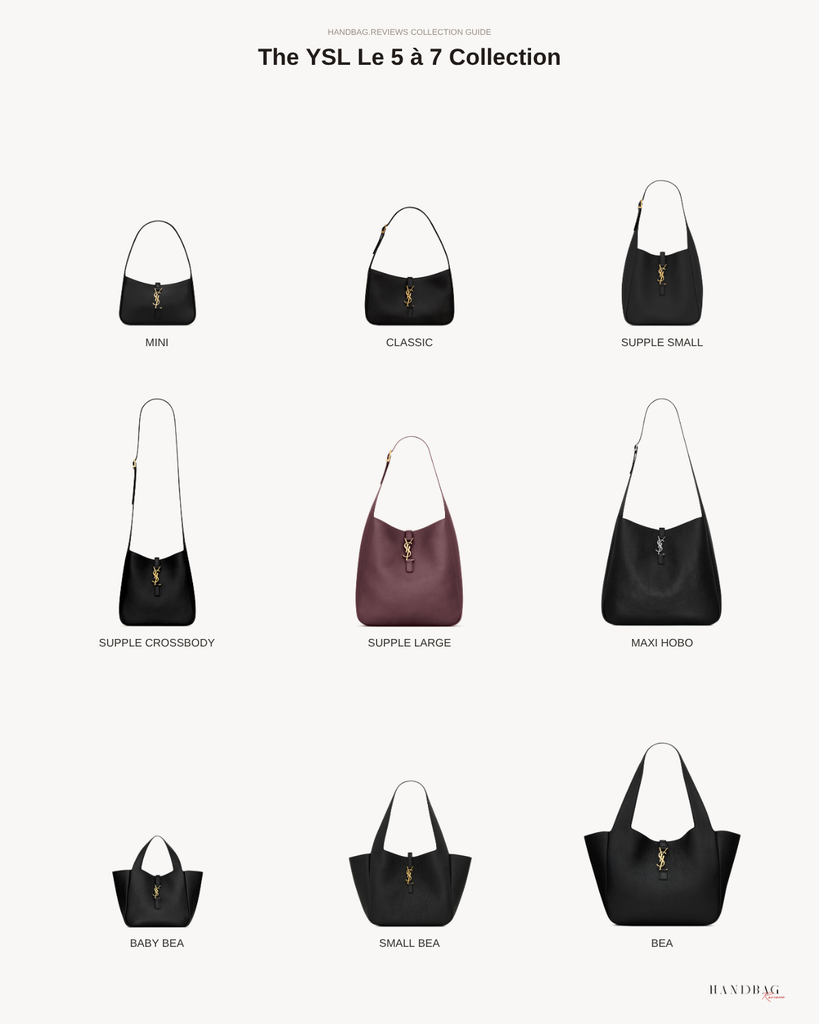 All YSL Le 5 à 7 bags shown side by side. Classic, Supple, Hobo and Bea.
